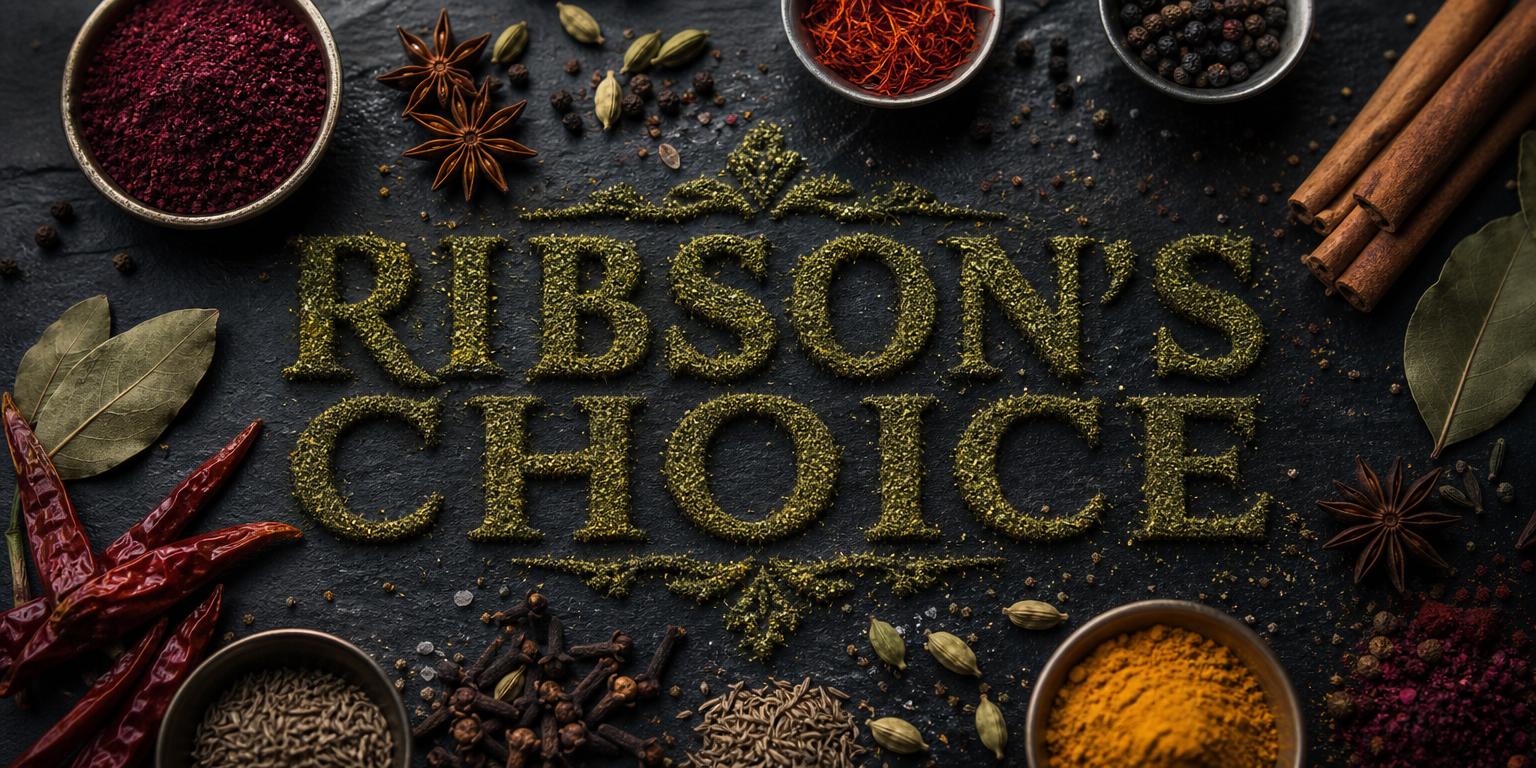RIBSON'S CHOICE spelled out in forest green spices and dried ingredients
